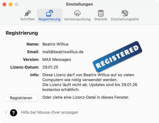 Voreinstellungen Registrierung