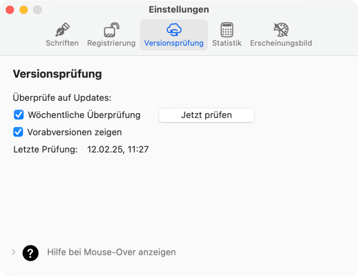 Voreinstellungen Versionsprüfung