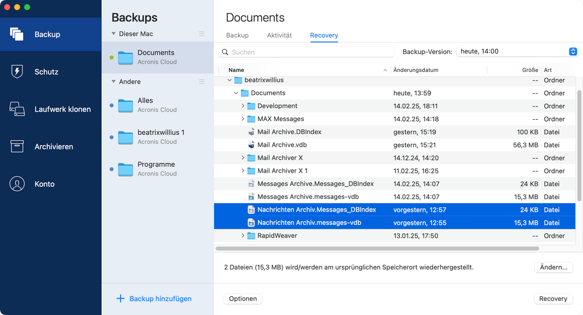 Locate archive in Acronis