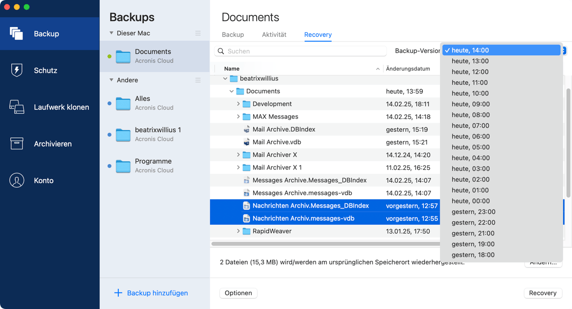 Select backup version in Acronis