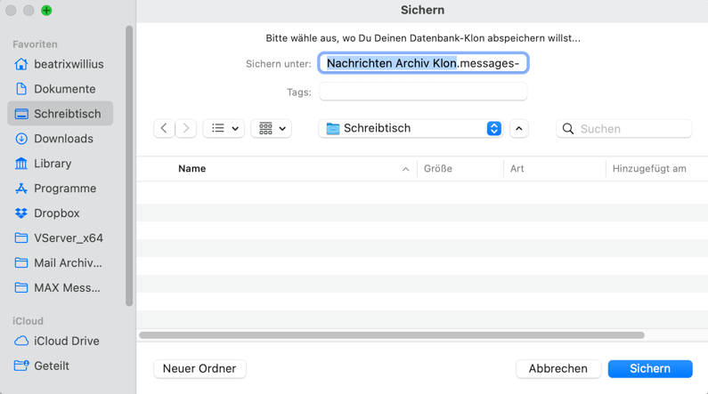 Datenbank-Klon speichern