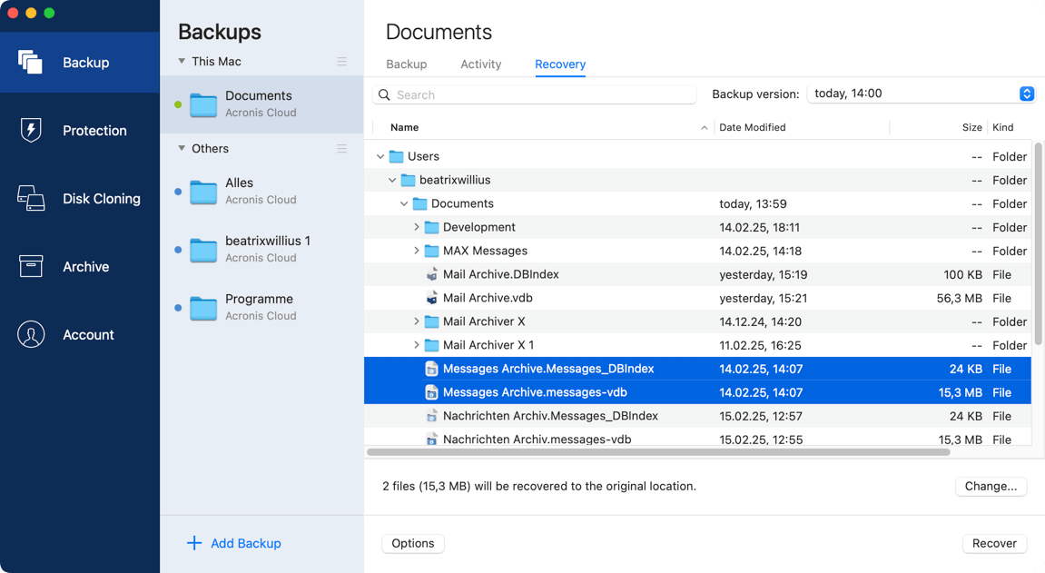 Locate archive in Acronis