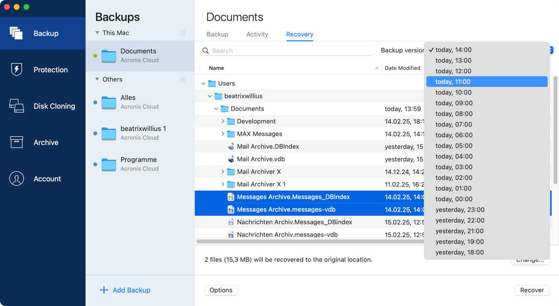 Select backup version in Acronis