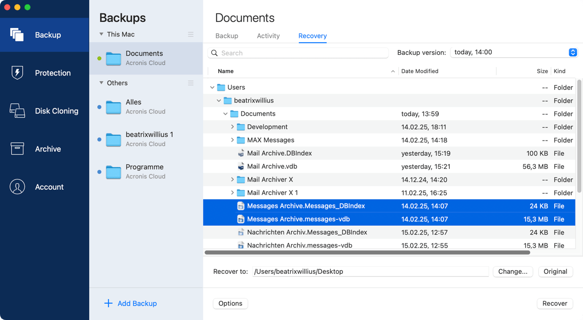 Change recovery location for Acronis